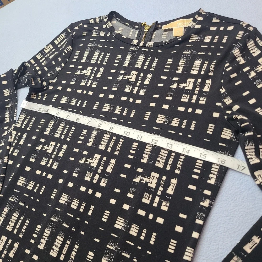 Michael Kors Sheath Dress Womens XS Black Cream Excellent Long Sleeve Geometric